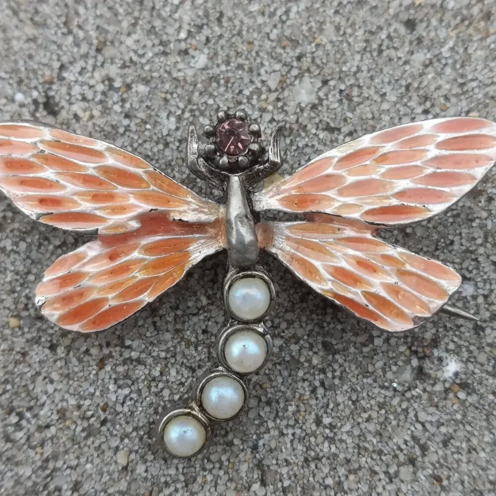 Gerard Yosca Brooch Figural  Vintage Enamel Dragonfly in Silver, Orange + White